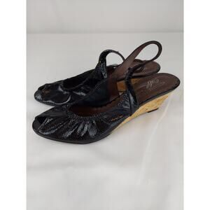 Donald J. Pliner Black Antique Patent Leather Slingback Cork Wedge Heel 6.5 M